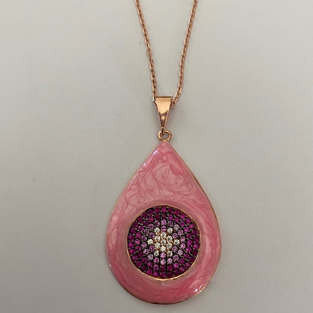 925 Silver cz stones handmade pink enamel necklace